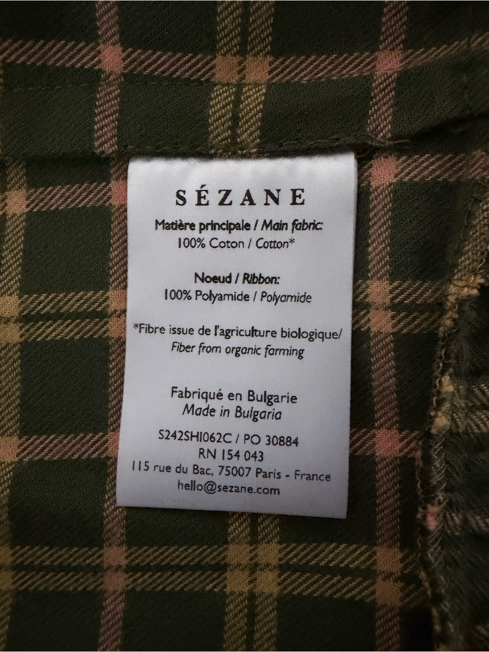 Sezane Brenda Plaid Blouse Checkered Tie Front Fall Top Velvet Green Size Medium - Picture 11 of 13